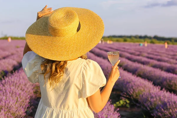 Beautiful Young Woman Drinking Wine Lavender Field — Stock Photo, Image