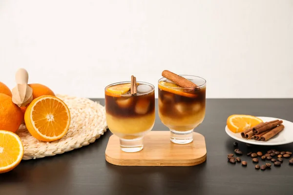 Glasses Tasty Coffee Orange Juice Table — Stock Photo, Image