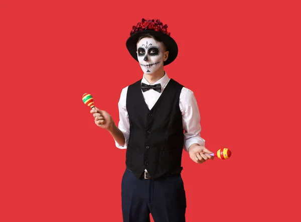 Young Man Painted Skull His Face Maracas Color Background Celebration — Stock Photo, Image