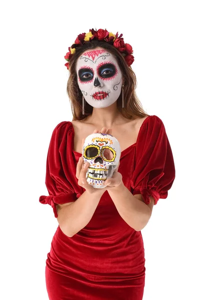 墨西哥死亡日 Dia Muertos 年轻女子 脸上涂满了糖衣 背景为白色 — 图库照片