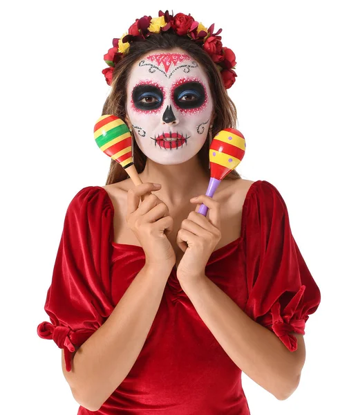 Young Woman Painted Skull Her Face Maracas White Background Celebration — Stock Photo, Image