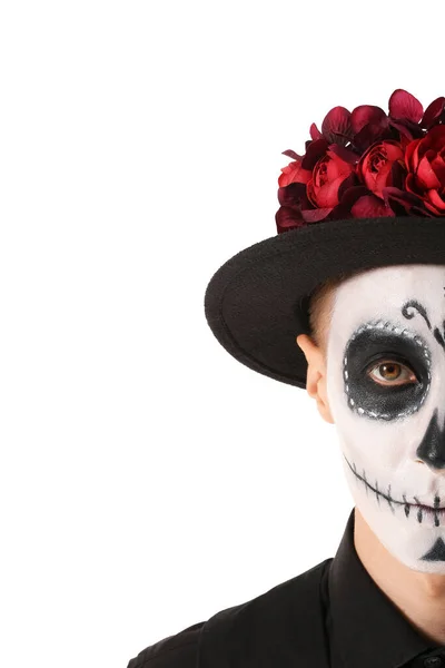 白い背景に顔に頭蓋骨を描いた若い男 メキシコの死者の日のお祝い Dia Muertos — ストック写真