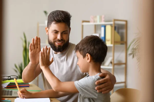 Little Boy His Father Giving Each Other High Five Home — Stock Photo, Image