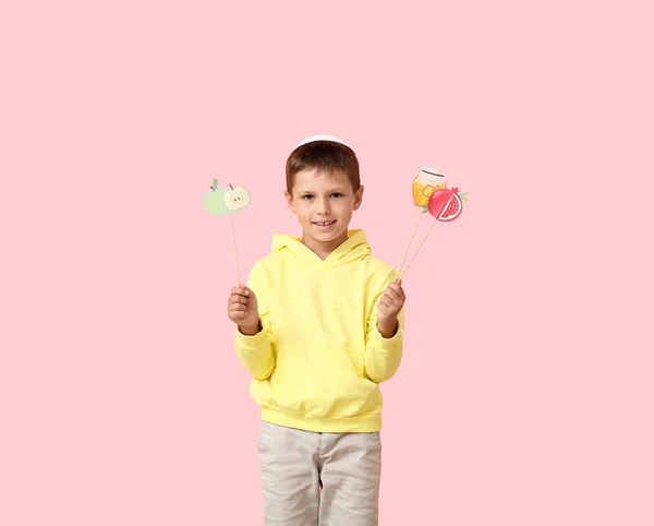 Little Boy Decor Rosh Hashanah Jewish New Year Color Background — Stock Photo, Image