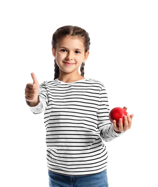 Kleines Mädchen Mit Granatapfel Zeigt Daumen Nach Oben Auf Weißem — Stockfoto