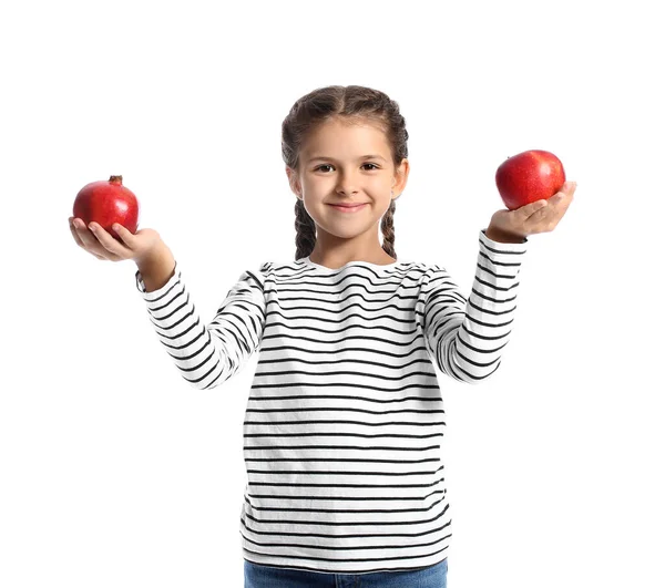 Dziewczynka Jabłkiem Granatem Białym Tle — Zdjęcie stockowe