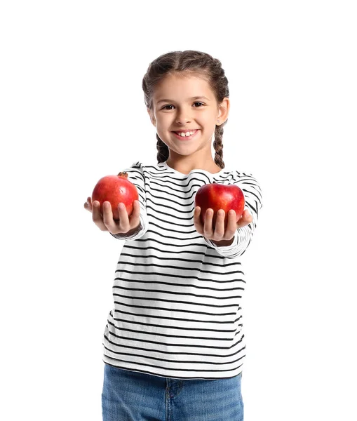 Malá Dívka Jablkem Granátové Jablko Bílém Pozadí — Stock fotografie