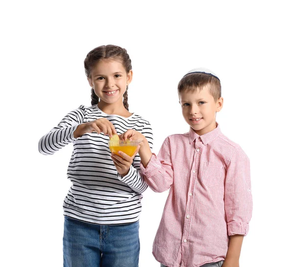 Little Children Honey Apple White Background Rosh Hashanah Jewish New — Stock Photo, Image