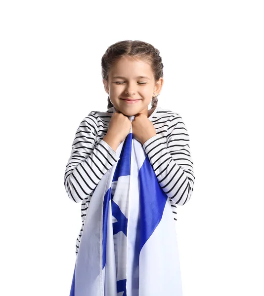 Маленькая Девочка Флагом Израиля Белом Фоне — стоковое фото