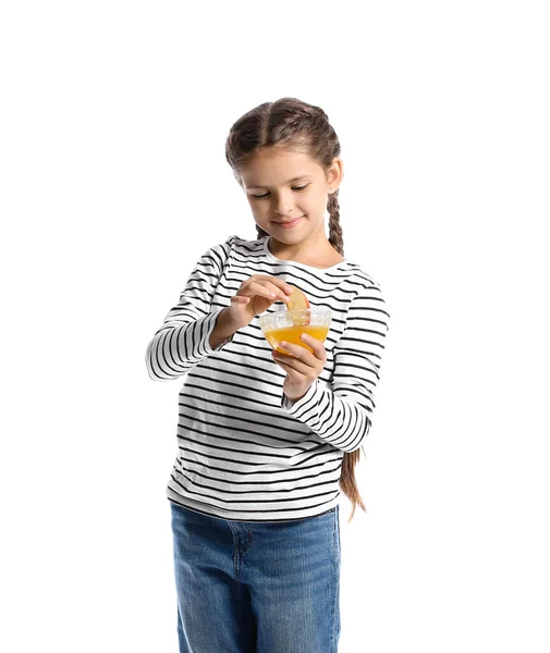 Little Girl Honey Apple White Background — Stock Photo, Image