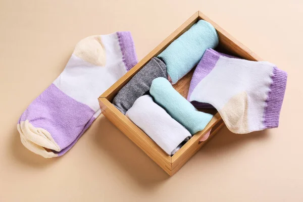 Box Stylish Socks Color Background — Stock Photo, Image
