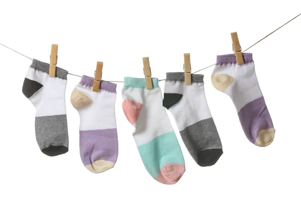 Many Different Socks Hanging Rope White Background — Stock Photo, Image