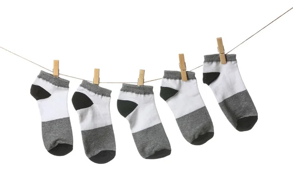 Many Socks Hanging Clothesline White Background — Stock Photo, Image