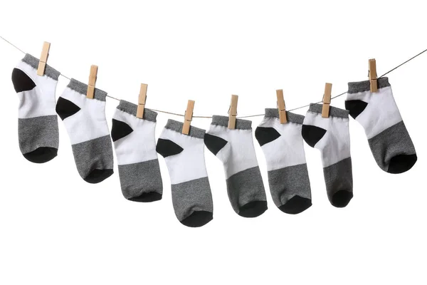 Many Socks Hanging Rope White Background — Stock Photo, Image