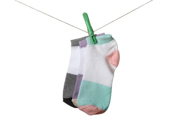 Different Socks Hanging Clothesline White Background — Stock Photo, Image