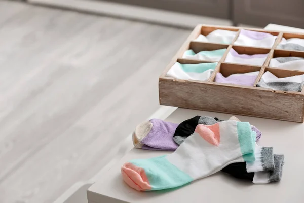 Organizador Con Calcetines Limpios Cómoda Casa Primer Plano — Foto de Stock