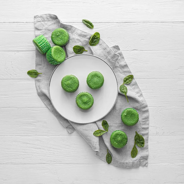 Plate Tasty Spinach Muffins Light Wooden Background — Stock Photo, Image