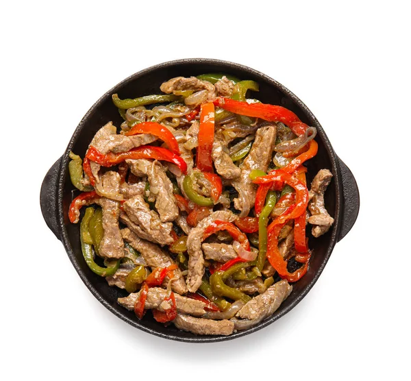 Tasty Beef Fajita Frying Pan White Background — Stock Photo, Image