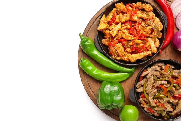 Frying Pans Tasty Fajita Vegetables White Background — Stock Photo, Image