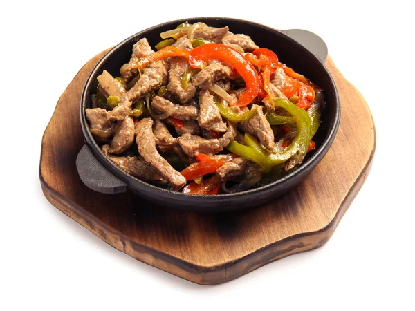 Frying Pan Delicious Traditional Mexican Beef Fajita White Background — Stock Photo, Image