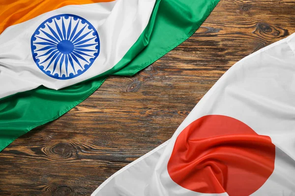 Flagi Japonii Indii Drewnianym Tle — Zdjęcie stockowe