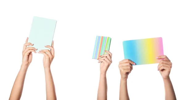 Manos Femeninas Con Diferentes Cuadernos Sobre Fondo Blanco — Foto de Stock
