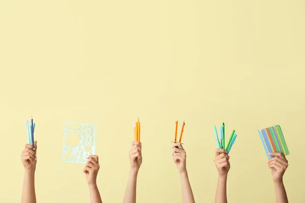 Many Different Hands School Supplies Color Background — Stock Photo, Image