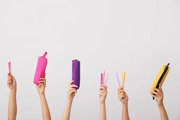 Many Different Hands School Supplies Grey Background — Stock Photo, Image