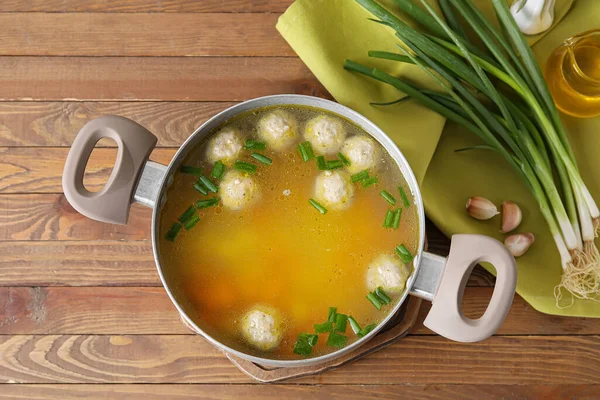 Pot Tasty Meatball Soup Wooden Background — Stock Photo, Image