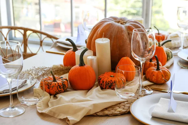 Beautiful Autumn Table Setting Pumpkins Candles Room — Stock Photo, Image