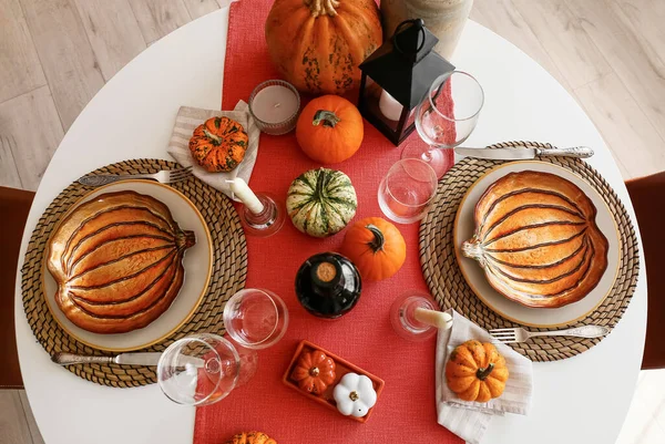 Beautiful Autumn Table Setting Pumpkins Restaurant — Stock Photo, Image