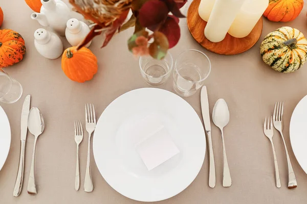 Beautiful Autumn Table Setting Pumpkins Restaurant — Stock Photo, Image