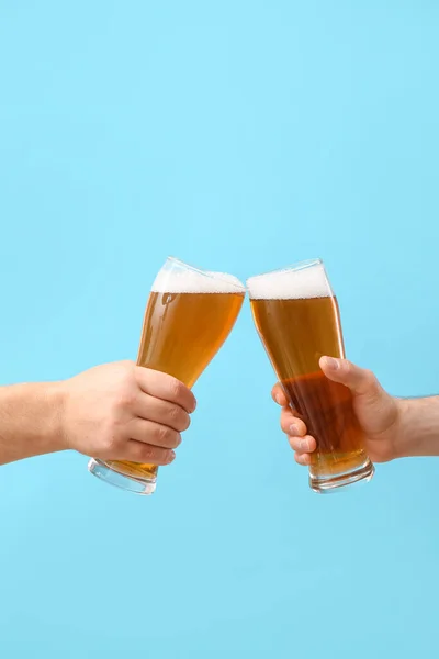 Hands Glasses Beer Color Background — Stock Photo, Image