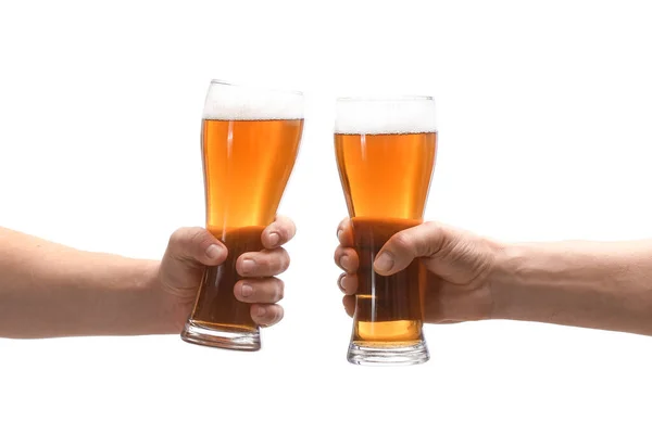 Hände Mit Biergläsern Auf Weißem Hintergrund — Stockfoto