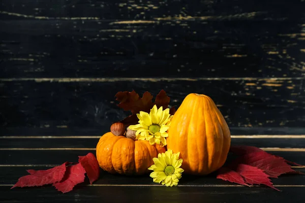 Autumn Composition Pumpkins Flowers Dark Wooden Background — Stock Photo, Image