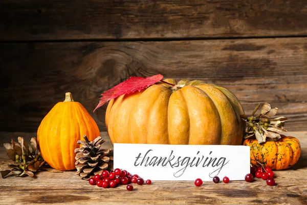 Autumn Composition Pumpkins Text Thanksgiving Wooden Background — Stock Photo, Image