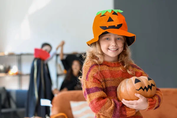 Cute Little Girl Celebrating Halloween Home — Stock Photo, Image