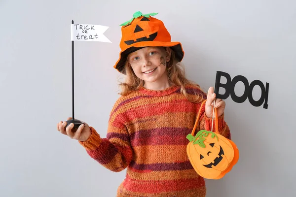 Cute Little Girl Dressed Halloween Light Background — Stock Photo, Image