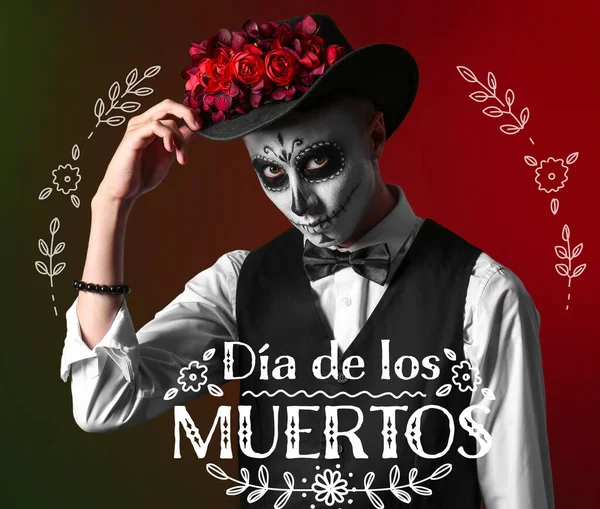 Fiatal Férfi Festett Koponya Arcán Mexikói Day Dead Dia Muertos — Stock Fotó