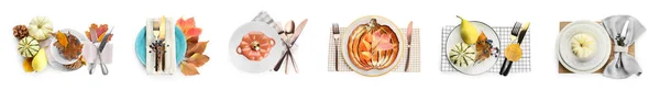 Collection Beaux Paramètres Table Pour Célébration Jour Thanksgiving Sur Fond — Photo