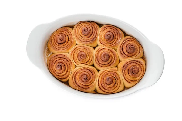 Baking Dish Tasty Cinnamon Rolls White Background — Stock Photo, Image