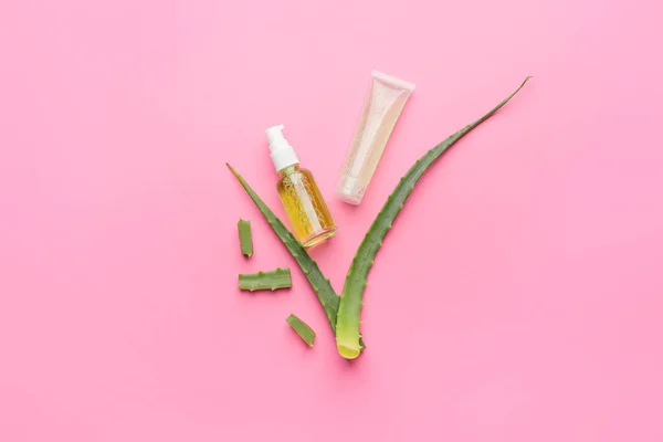 Different Cosmetic Products Aloe Color Background — Stock Photo, Image