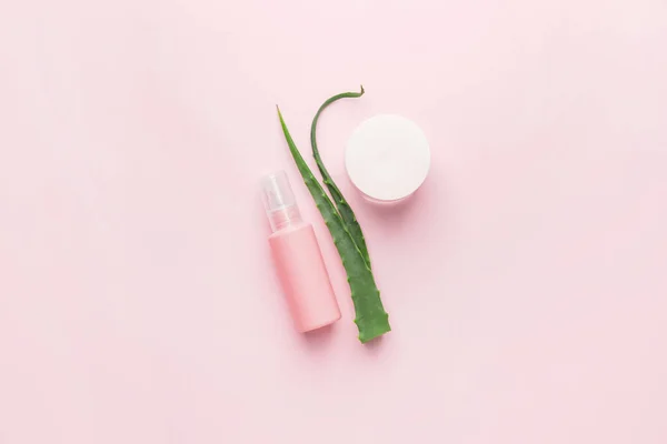 Different Cosmetic Products Aloe Light Background — Stock Photo, Image