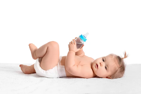 Linda Niña Con Botella Agua Sobre Fondo Blanco —  Fotos de Stock