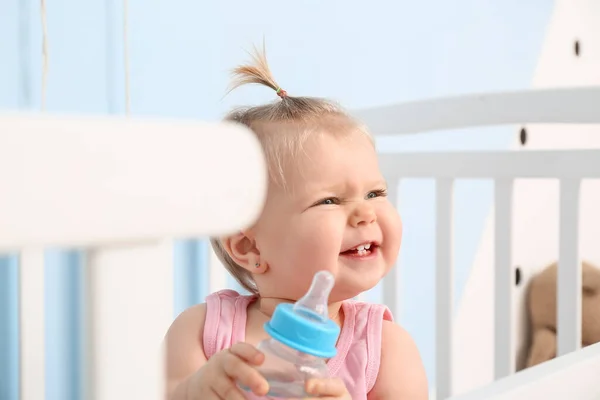Cute Baby Girl Bottle Water Cot — Stock Photo, Image