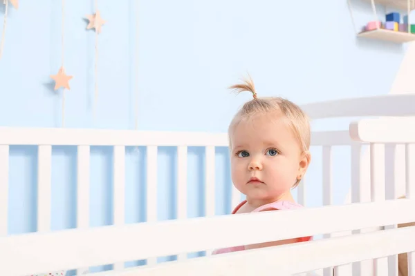 Cute Baby Girl Cot Home — Stock Photo, Image