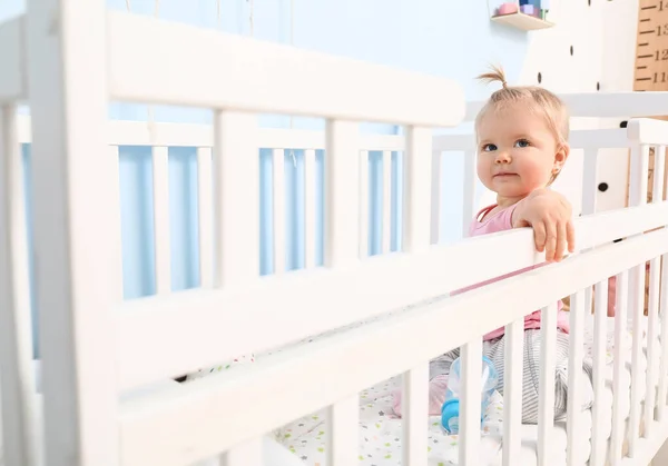 Cute Baby Girl Cot Home — Stock Photo, Image