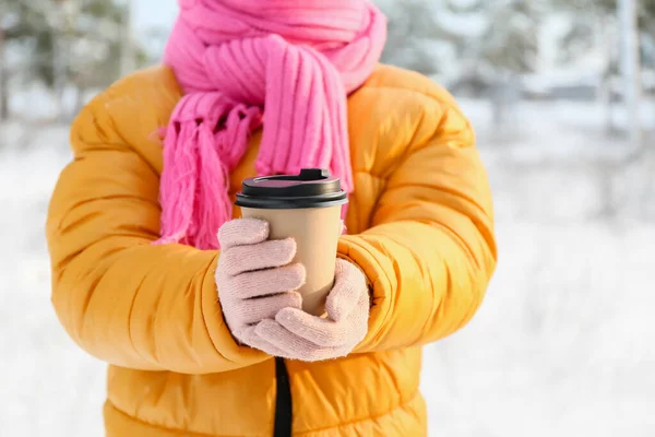 Young Woman Cup Hot Tea Snowy Day Closeup — Stock Photo, Image