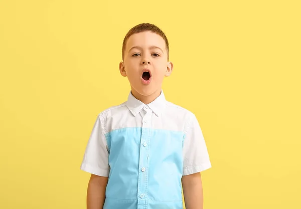 Little Boy Training Pronounce Letters Color Background — Stock Photo, Image