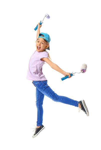 Little Girl Paint Rollers Jumping White Background — Stock Photo, Image